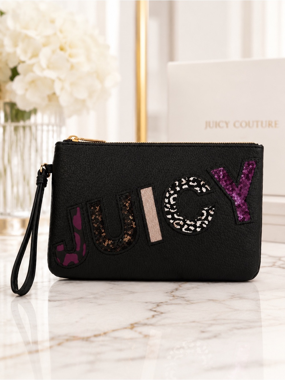 Juicy Couture Black Sequin Logo Wristlet Clutch Animal Print Glam Pouch NWT